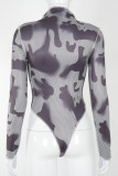 Grey Work Daily Print Patchwork O Neck Mid Waist Tops