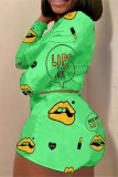 Green Sweet Lips Print Straight Long Sleeve Two Pieces
