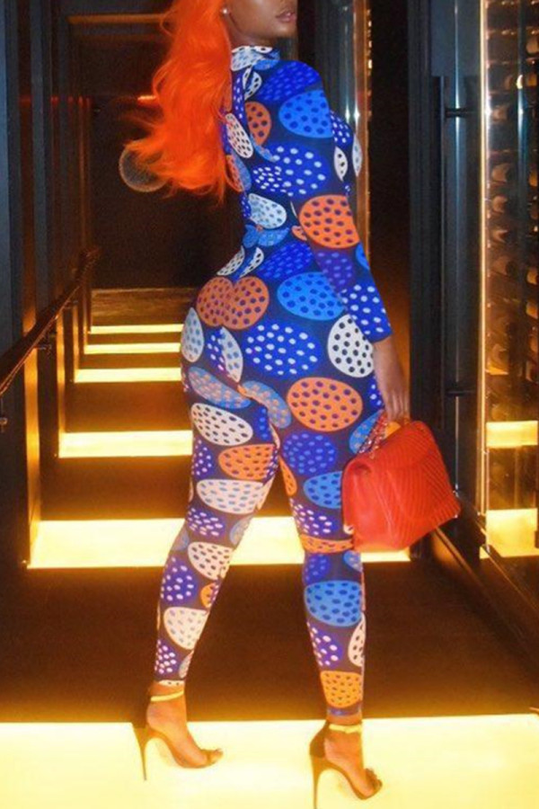 Blue Fashion Casual Print Basic O Neck Regular Jumpsuits