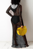 Red Fashion Sexy Solid Hollowed Out See-through Hooded Collar Long Sleeve Dresses