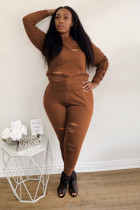 Brown Polyester adult Casual Fashion Solid HOLLOWED OUT Two Piece Suits pencil Long Sleeve Two-piece Pant