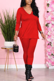 Purplish Red Fashion Sexy Adult Polyester Solid Split Joint V Neck Long Sleeve Regular Sleeve Regular Two Pieces