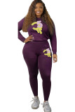 purple Polyester Active Solid Two Piece Suits Print Patchwork pencil Long Sleeve