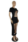 Black Fashion Sexy Solid Ripped Hollowed Out O Neck Short Sleeve Dress
