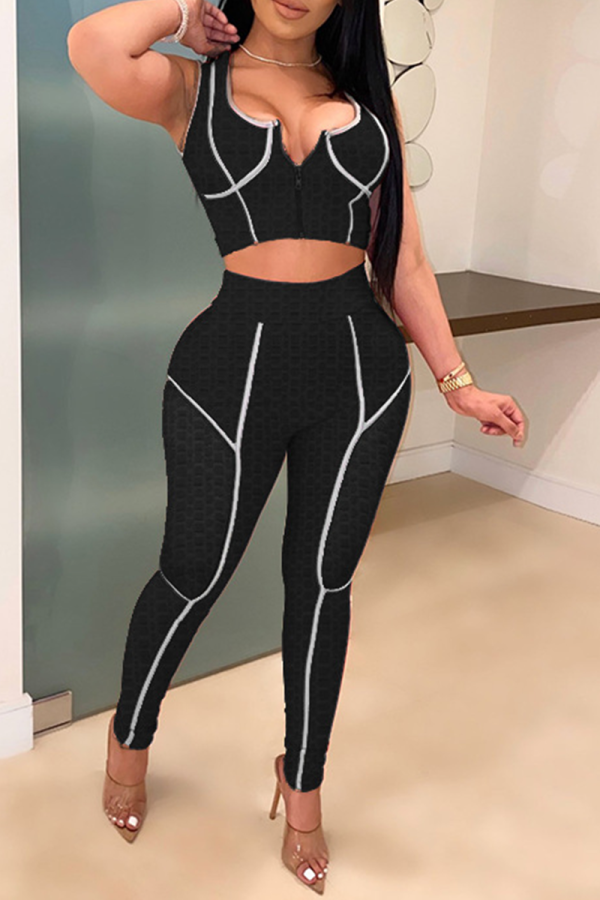 Black Sexy Solid Patchwork Zipper Collar Sleeveless Two Pieces