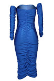 Blue Fashion Sexy Solid Backless Fold Off the Shoulder Long Sleeve Dresses