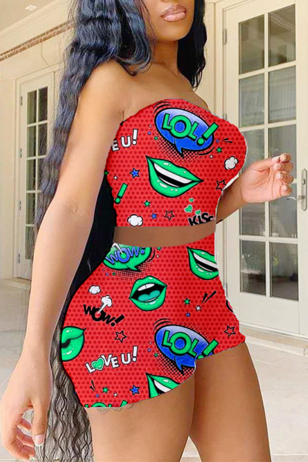 Red Sexy Casual Print Backless Strapless Sleeveless Two Pieces