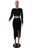 Black Sexy adult Fashion Slim fit Print Split Solid Two Piece Suits Hip skirt Long Sleeve Two-P