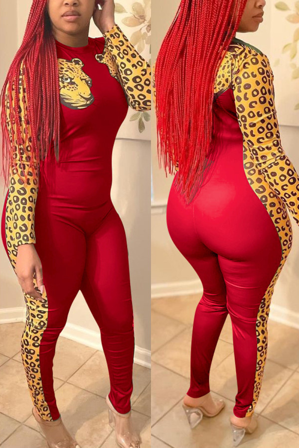 Red Fashion Casual Print Patchwork O Neck Skinny Jumpsuits