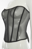 Black Sweet Patchwork See-through Backless Mesh Strapless Mid Waist Tops