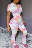 Pink Active Print Tie Dye pencil Short Sleeve Two Pieces