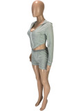 Grey Polyester Casual Patchwork Solid asymmetrical Zippered pencil Long Sleeve Two Pieces