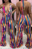 Red Sexy Casual Striped Print Backless Strap Design V Neck Regular Jumpsuits