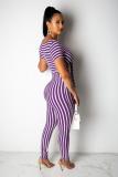 purple Sexy Fashion Striped Print Patchwork Polyester Short Sleeve V Neck Jumpsuits