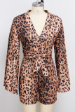 Leopard Print Fashion Sexy Leopard Printing V Neck Regular Romper