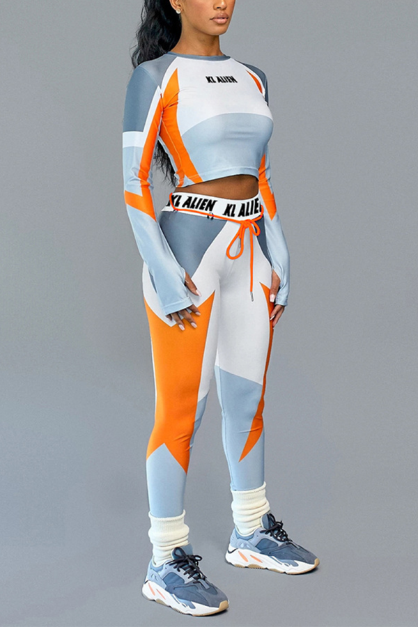 Orange Sportswear Print Letter O Neck Long Sleeve Two Pieces