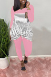 Pink Polyester Casual Patchwork Print Solid Straight Long Sleeve Two Pieces