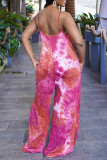 Rose Red Sexy Casual Print Tie Dye Backless Spaghetti Strap Loose Jumpsuits