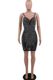 Apricot Fashion Sexy Party Polyester Rhinestone Solid Bead tube V Neck Sleeveless Knee Length A Line Dresses