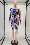 Multicolor Living Geometric Print O Neck Long Sleeve Two Pieces