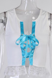White Casual Patchwork Solid Tassel Hollowed Out Mesh With Bow O Neck Tops