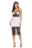 White Polyester Fashion Sexy Off The Shoulder Sleeveless Slip Slim Dress Mid-Calf backless Patchwork lace