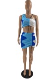 Blue Fashion Sexy Print Patchwork One Shoulder Sleeveless Two Pieces