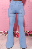 Baby Blue Fashion Daily Adult Solid Buttons Mid Waist Boot Cut Denim