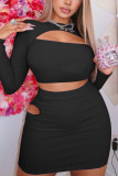 Blue Sexy Solid Patchwork O Neck Long Sleeve Two Pieces