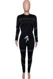 Black OL Two Piece Suits Patchwork Mesh Solid pencil Long Sleeve