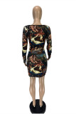Multicolor Fashion Sexy Print Basic Square Collar Long Sleeve Dresses