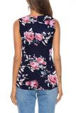 Navy Blue Polyester V Neck Sleeveless asymmetrical Print Button Floral Sweaters & Cardigans