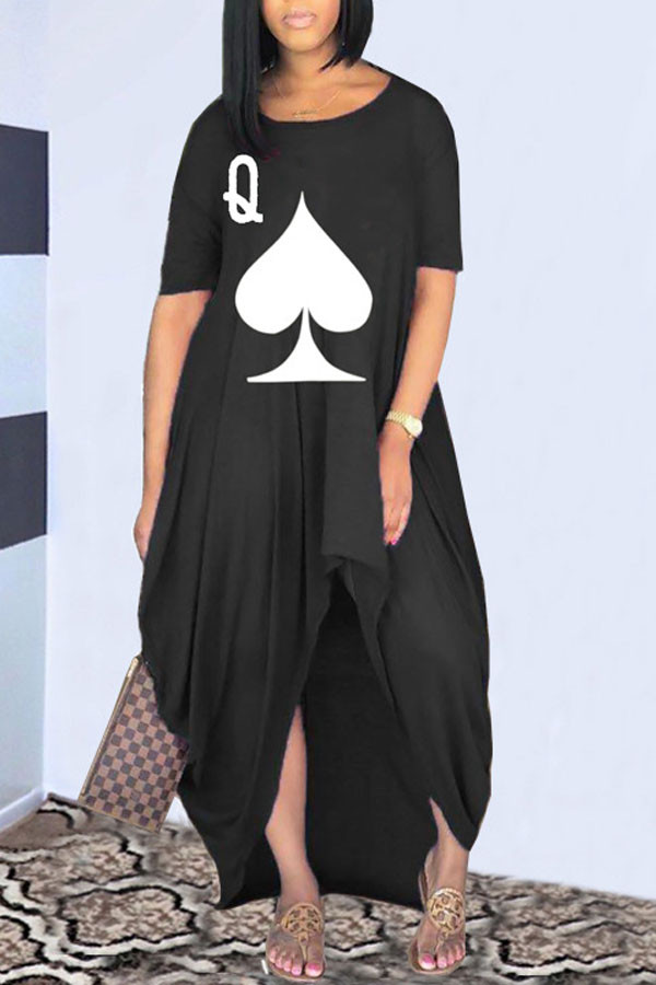 Black OL Short Sleeves Asymmetrical Ankle-Length Print asymmetrical Dresses