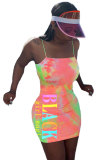 Yellow Polyester Fashion Sexy adult Pink Yellow Light Blue Spaghetti Strap Sleeveless Slip Step Skirt Mini Print Patchwork Character Tie and dye Dresses
