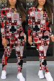 Red Polyester Fashion Casual adult Ma'am Print Two Piece Suits pencil Long Sleeve Two Pieces