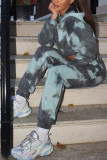 Gray Blue Fashion Casual Print Tie-dye Hooded Collar Long Sleeve Two Pieces