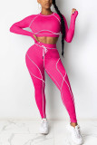 rose red Casual Sportswear Spandex Milk Fiber Patchwork Solid Patchwork Pants O Neck Long Sleeve Regular Sleeve Short Two Pieces