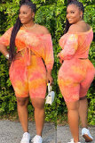 rose red Fashion Sexy adult Patchwork Print Tie Dye Bandage asymmetrical Two Piece Suits Straight Short Sleeve Two Pieces