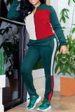 Green Casual Color Block Patchwork Zipper Collar Long Sleeve Two Pieces