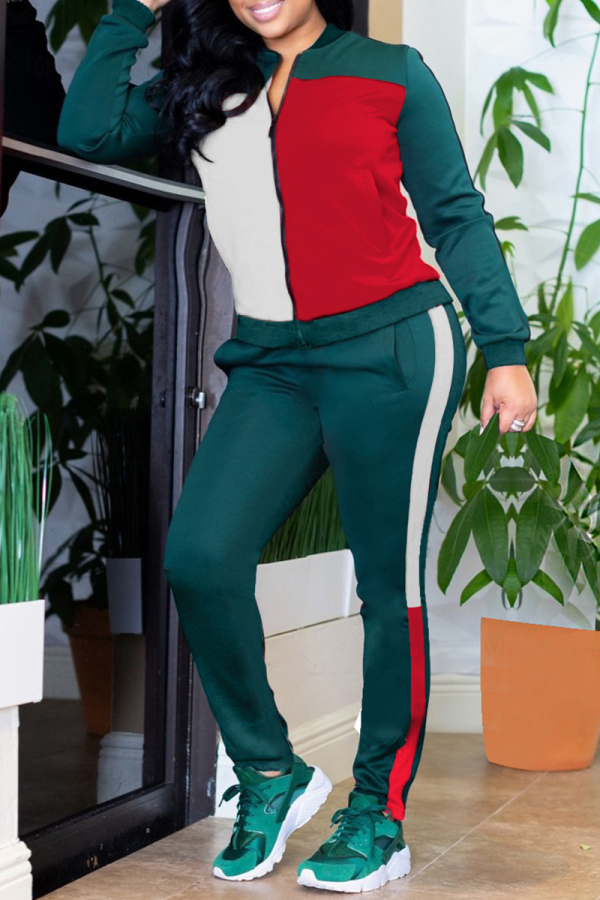 Green Casual Color Block Patchwork Zipper Collar Long Sleeve Two Pieces