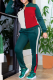 Green Casual Color Block Patchwork Zipper Collar Long Sleeve Two Pieces