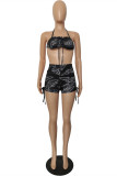 Black Fashion Sexy Print Backless Strap Design Halter Sleeveless Two Pieces
