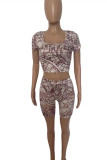 Multicolor Fashion Casual Print Basic Square Collar Short Sleeve Two Pieces