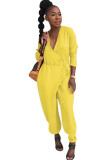 Yellow street Solid Patchwork Polyester Long Sleeve V Neck Jumpsuits