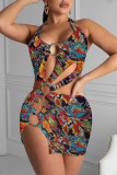 Multicolor Fashion Sexy Print Hollowed Out Backless Swimwears