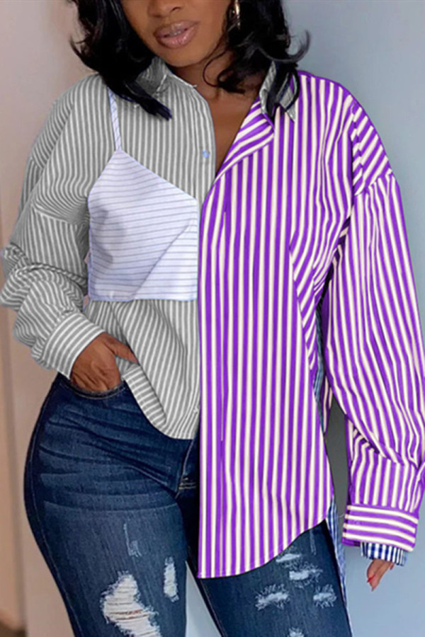 purple Fashion Casual Striped Print Split Joint Shirt Collar Tops