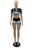 Black And White Fashion Casual Print Basic O Neck Short Sleeve Two Pieces