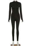 Black Fashion Sportswear Adult Milk Fiber Solid O Neck Skinny Jumpsuits