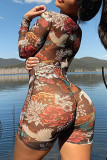 Brown Elegant Print O Neck Regular Rompers
