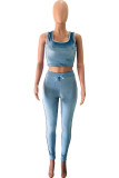 Light Blue Velvet Fashion Casual adult Ma'am Patchwork Solid Two Piece Suits Straight Sleeveless Two Pieces